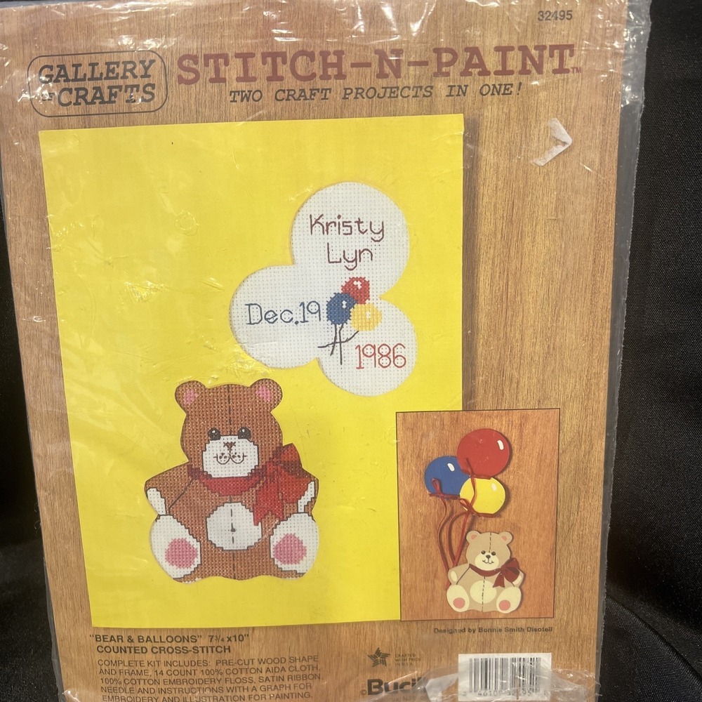 New- Sealed Bucilla Bear & Balloons Gallery of Crafts Cross Stitch & Paint 32495
